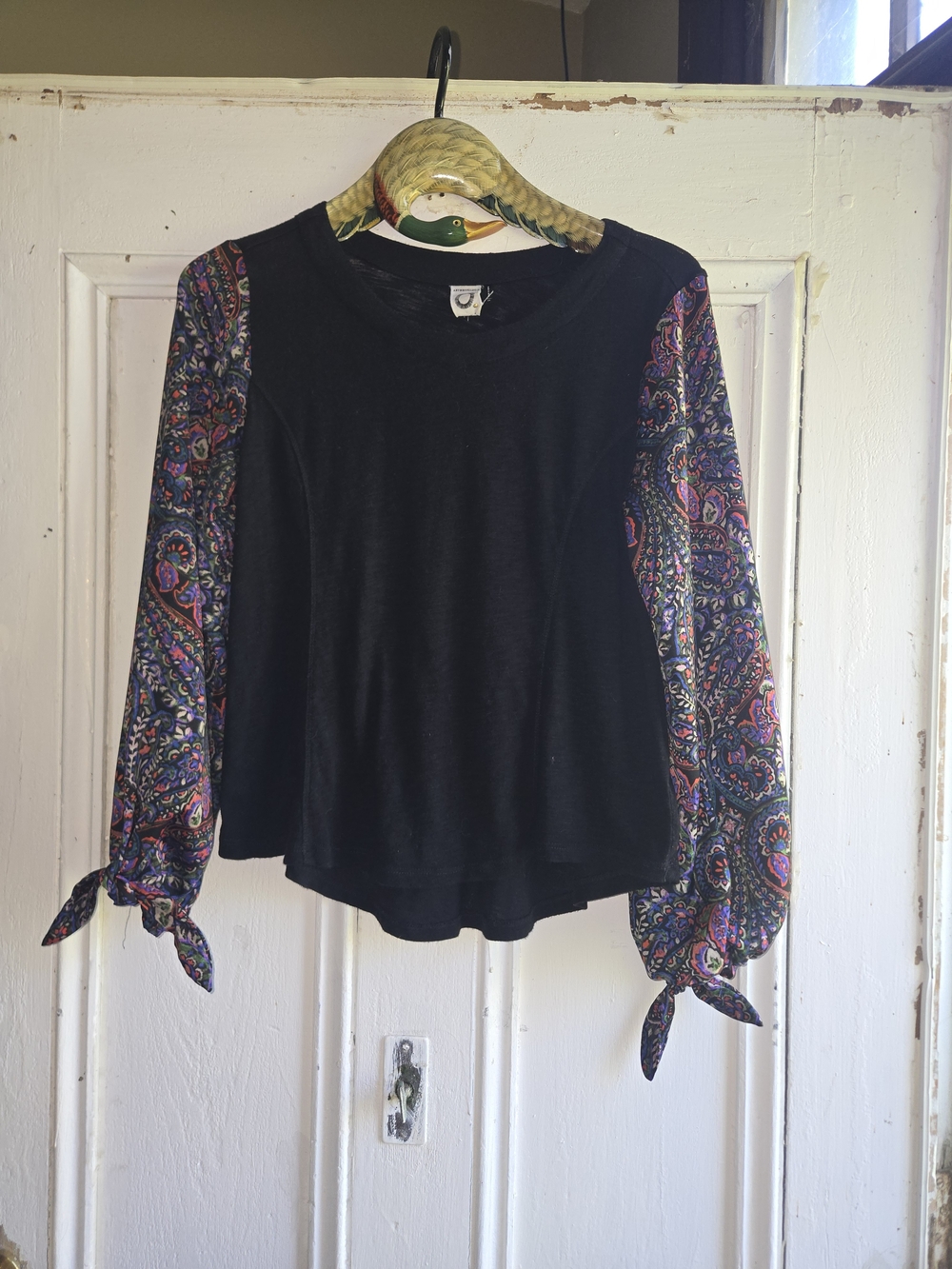 Anthropologie Black Tee with Multicolor Paisley Tie-Sleeves
